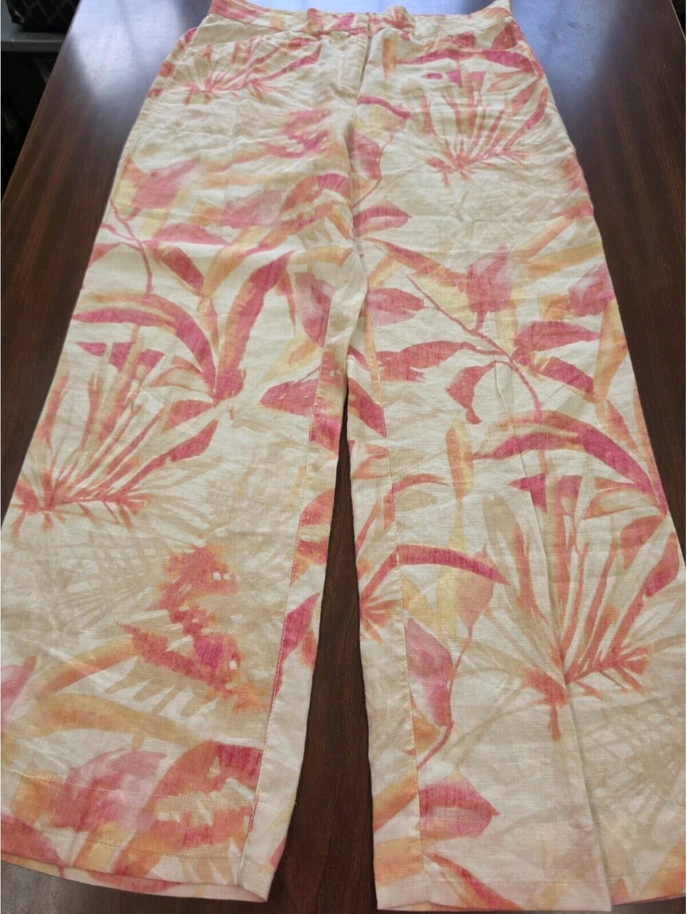 Chico's 2 100% Linen Tropical Print Wide Leg Pull On Pants Resort Coastal Large